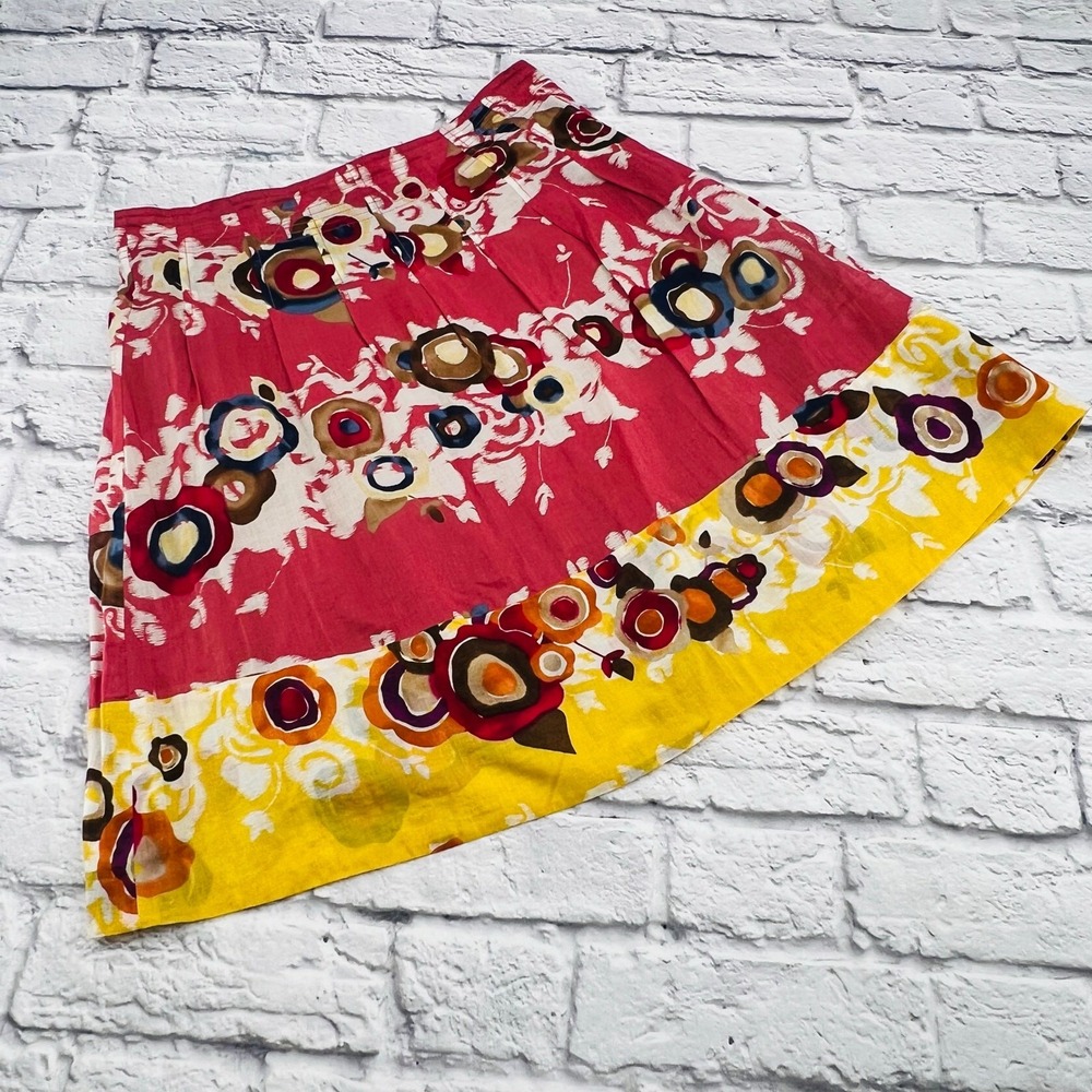 BCBGMAXAZRIA Red Yellow Floral Cotton Pleated Mini Skirt Size 2